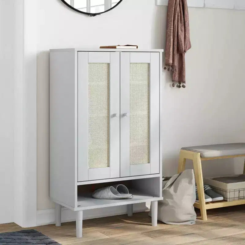 Shoe Cabinet Accent Storage Organizer, Rattan Look Solid Pine Wood