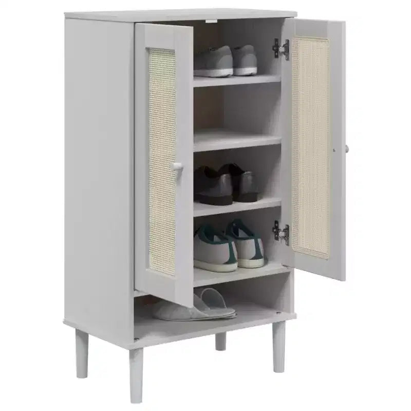 Shoe Cabinet Accent Storage Organizer, Rattan Look Solid Pine Wood