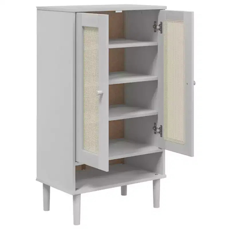 Shoe Cabinet Accent Storage Organizer, Rattan Look Solid Pine Wood