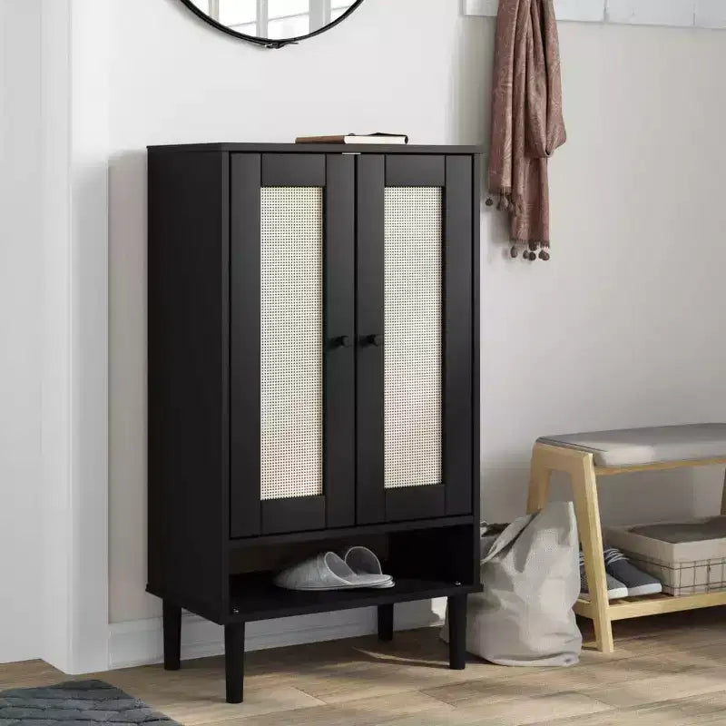 Shoe Cabinet Accent Storage Organizer, Rattan Look Solid Pine Wood