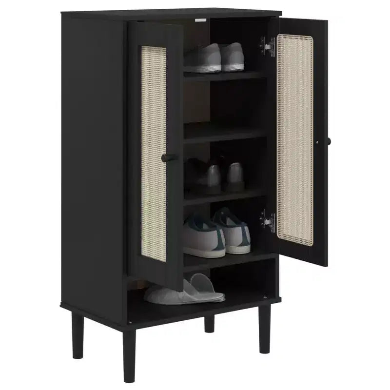 Shoe Cabinet Accent Storage Organizer, Rattan Look Solid Pine Wood