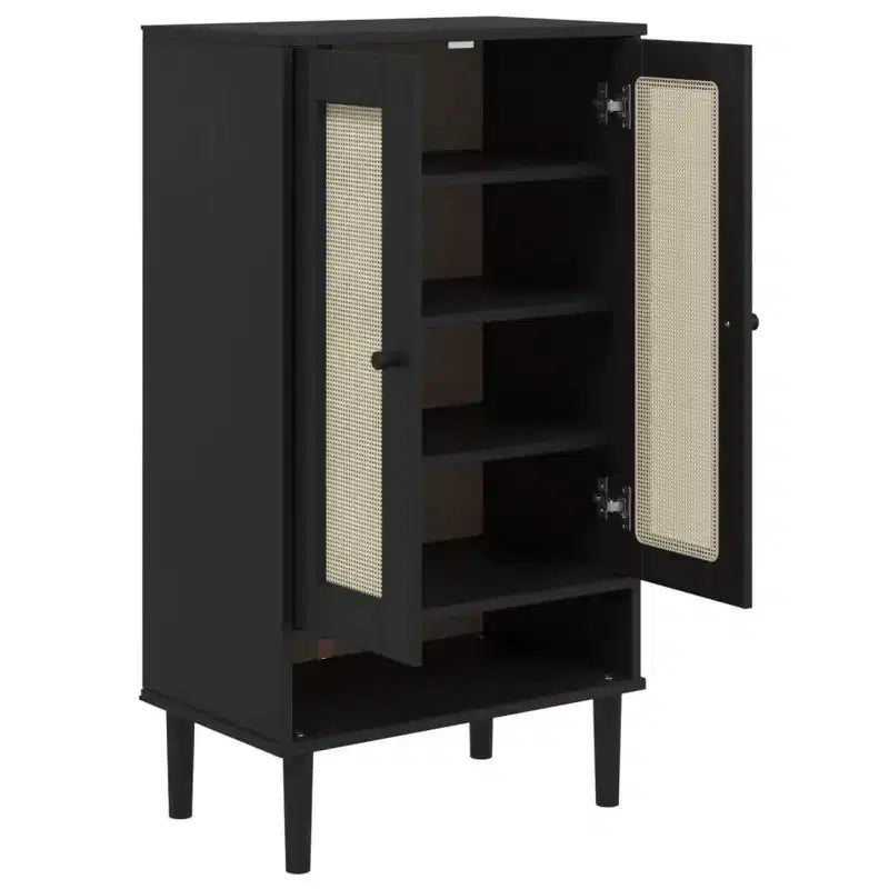 Shoe Cabinet Accent Storage Organizer, Rattan Look Solid Pine Wood