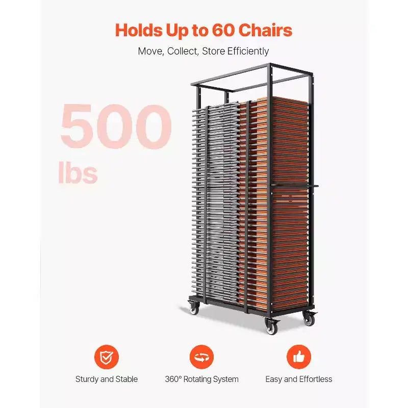 Folding Chair Rack, 500 LBS Capacity, Heavy-Duty Chair Cart for 60 Chairs, Metal Storage Dolly with Swivel Casters, Matte Black