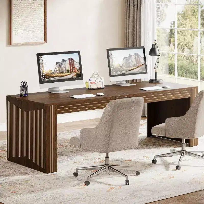 79-Inch Extra Long Double Desk for Home Office, Wooden Two-Person Computer Writing Table, Dark Brown