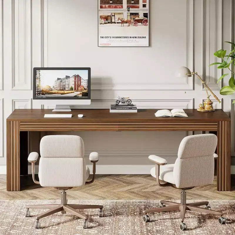 79-Inch Extra Long Double Desk for Home Office, Wooden Two-Person Computer Writing Table, Dark Brown