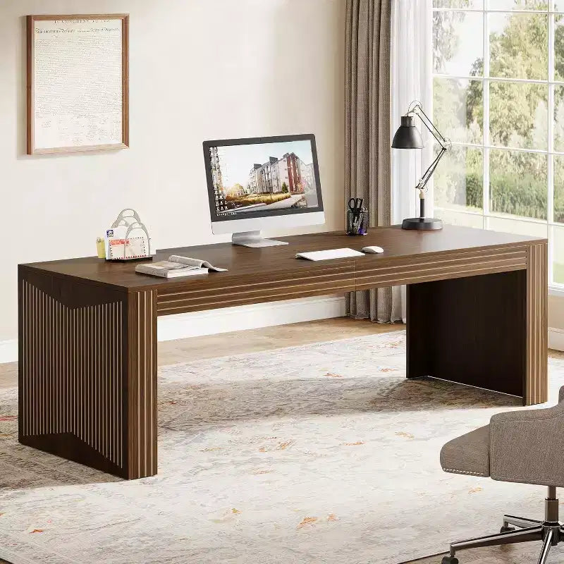 79-Inch Extra Long Double Desk for Home Office, Wooden Two-Person Computer Writing Table, Dark Brown
